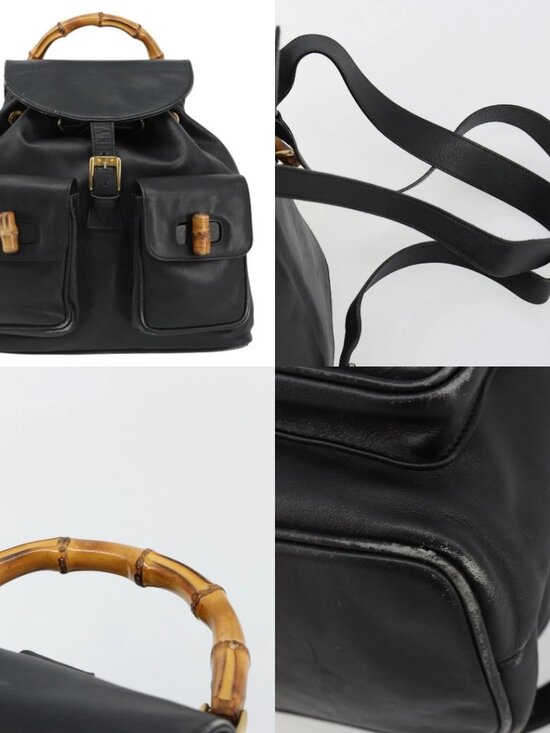 GUCCI Bamboo Backpack Leather Black Gold 003 2058 0016 Auth BA13350